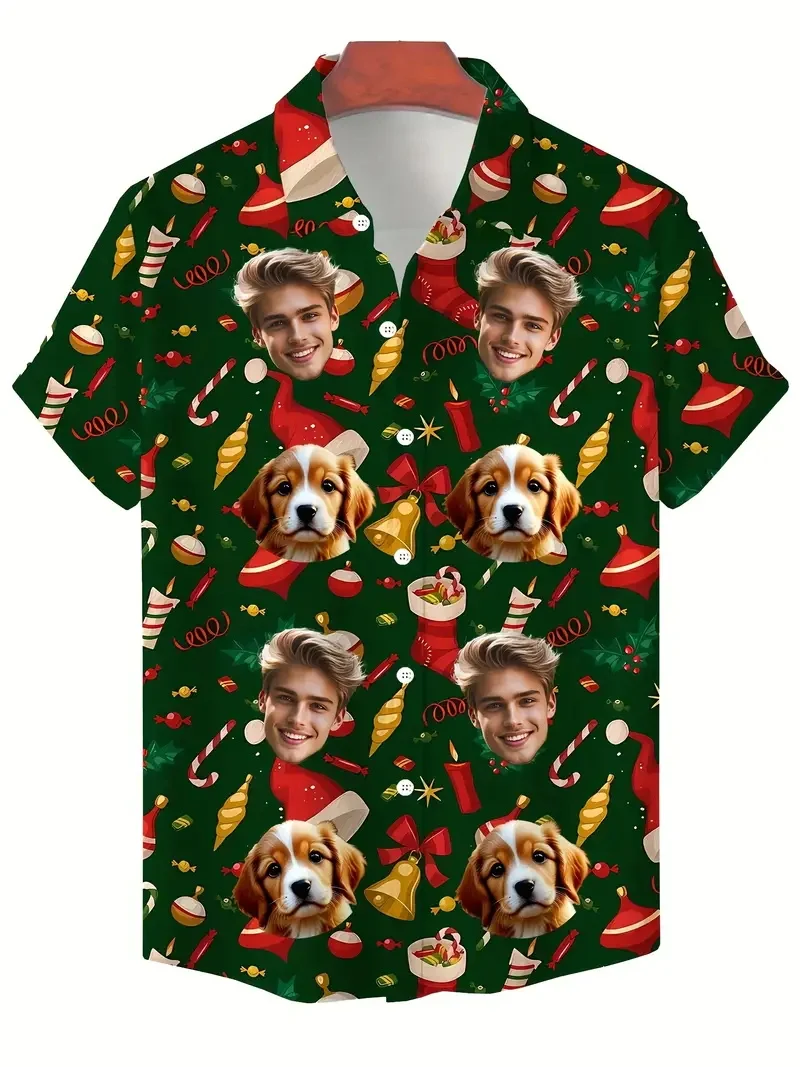 

Custom Photo Xmas Party Beach Shirts For Men Full Print Short Sleeve Button Up Hawaiian Shirts Blouse Men's Christmas Shirt