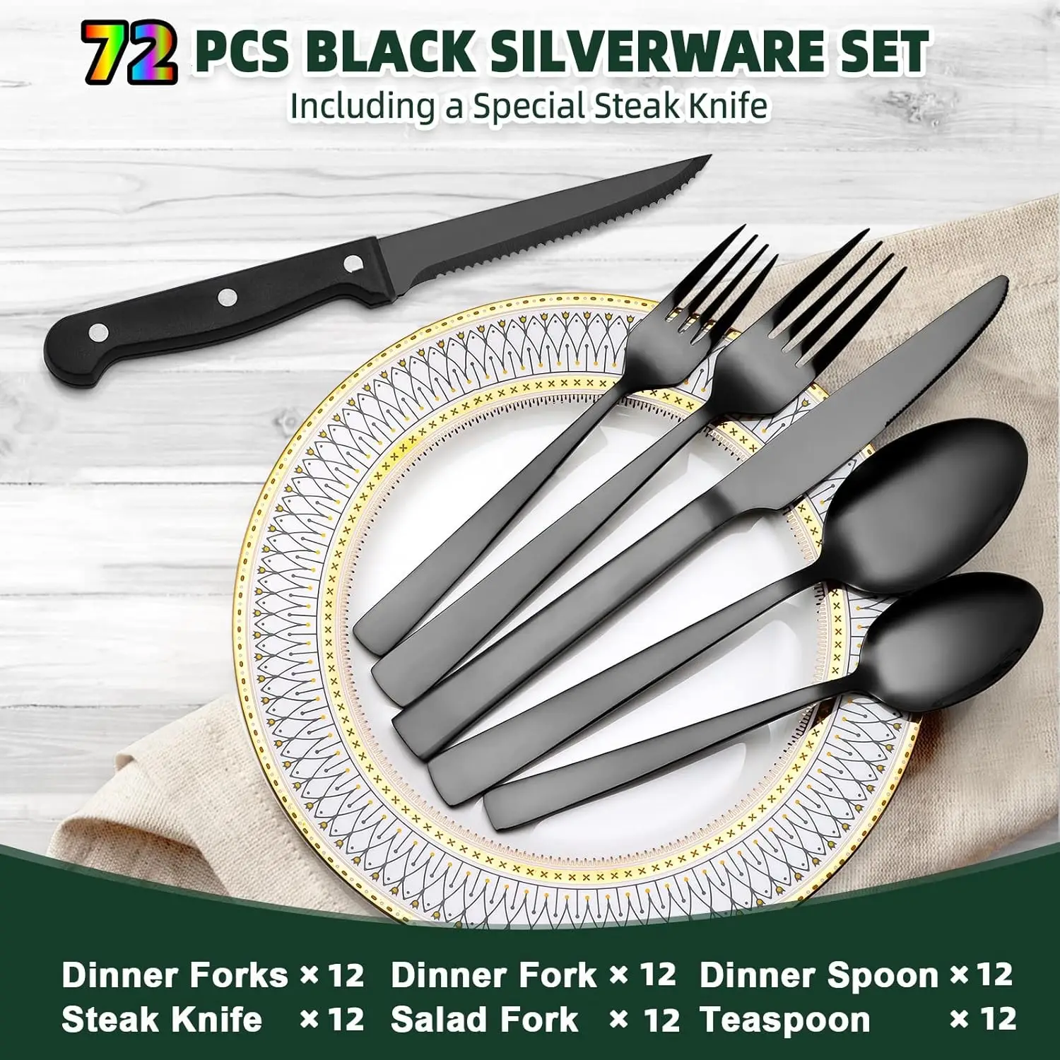 

Black Silverware Set with Steak Knives, 72-Piece Stainless Steel Flatware Set for 12, Cutlery Kitchen Utensils for Home Hotel,