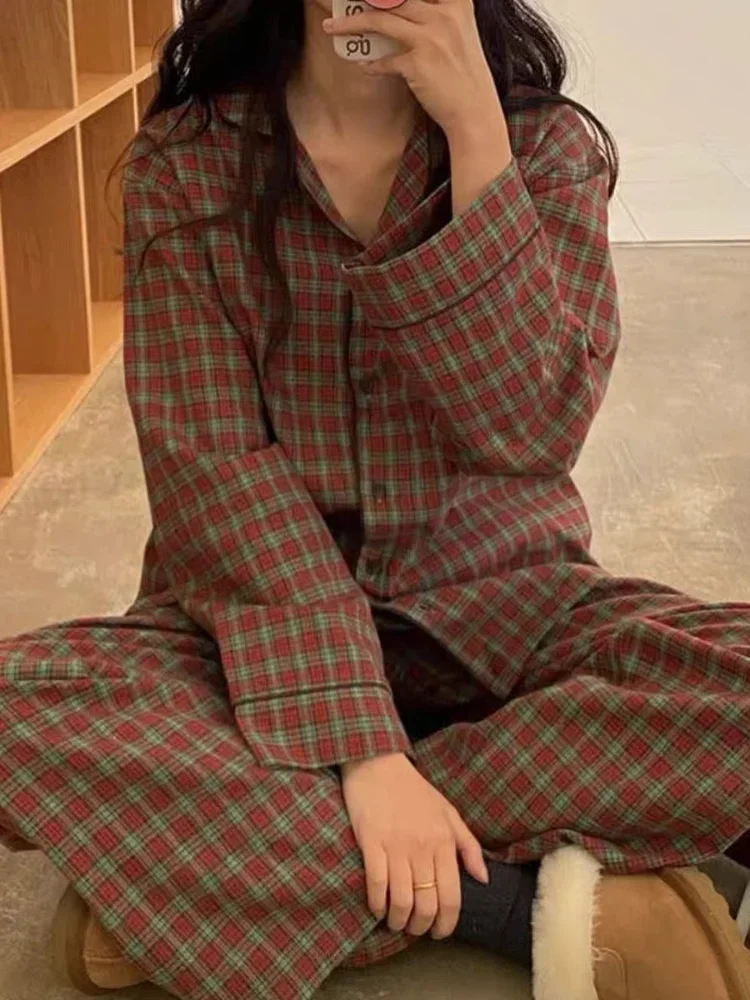 Red Plaid Pajama Sets Women Vintage Loose Panelled Fashion Chic Casual  Sleepwear Spring Korean Style College Girls Popular Soft