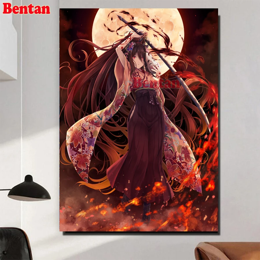 Japanese anime girl samurai sword diamond embroidery,Wall painting full round drill 3d cross stitch mosaic diamond painting sale