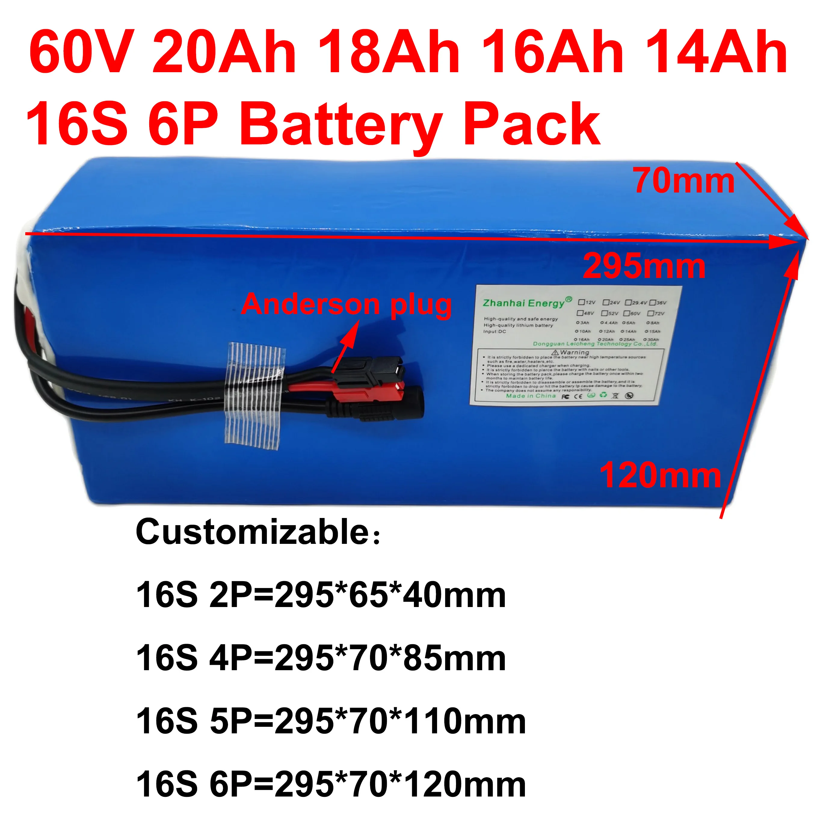 60V 20Ah 18Ah 16Ah 14Ah 18650 Li-Ion Rechargeable Battery Pack 16S 6P For Motors Below 2000W Bicycles Scooters New Customizable