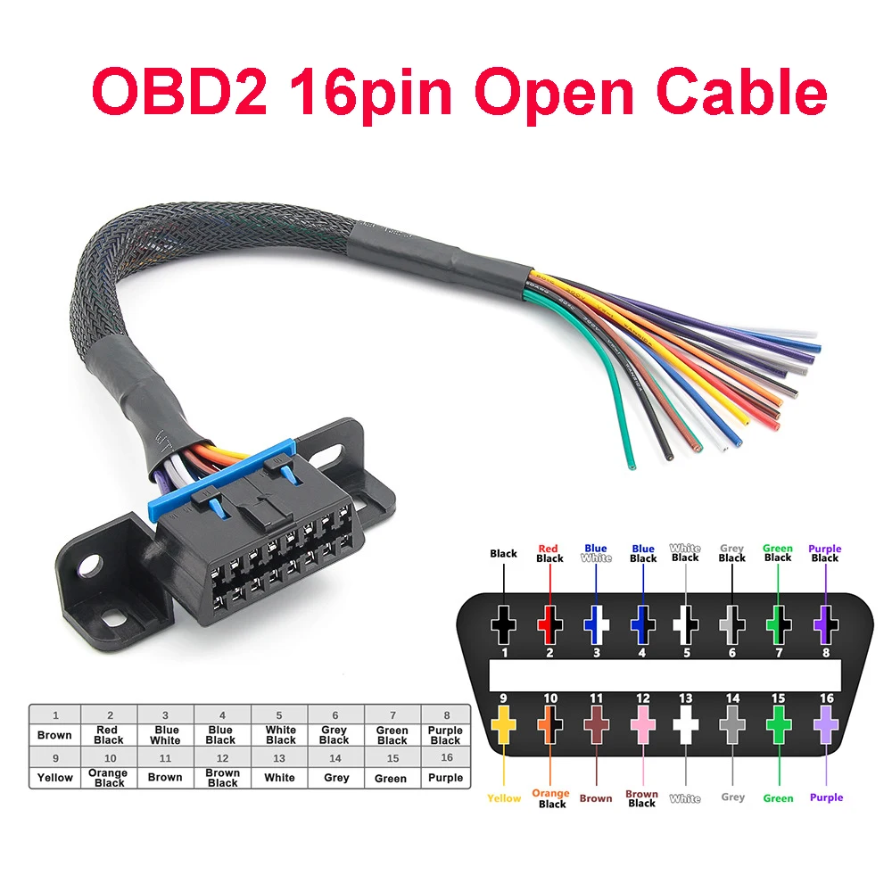 

DIY Opening Line Adapter OBD2 Open Cable 16pin Female Connector to Open OBD Cable 18AWG Fixed Terminal Extension 30cm Colorful