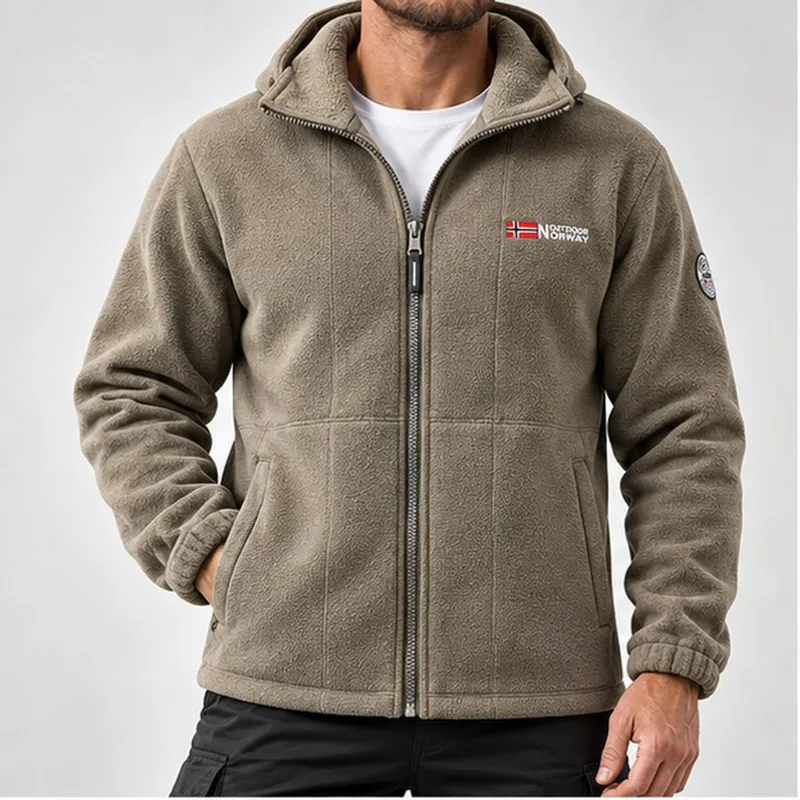 Men's Hooded Fleece Jacket Full Zip Thick Long Sleeve Side Hand Pockets Elastic Cuffs Regular Fit Stretch Casual Outerwear