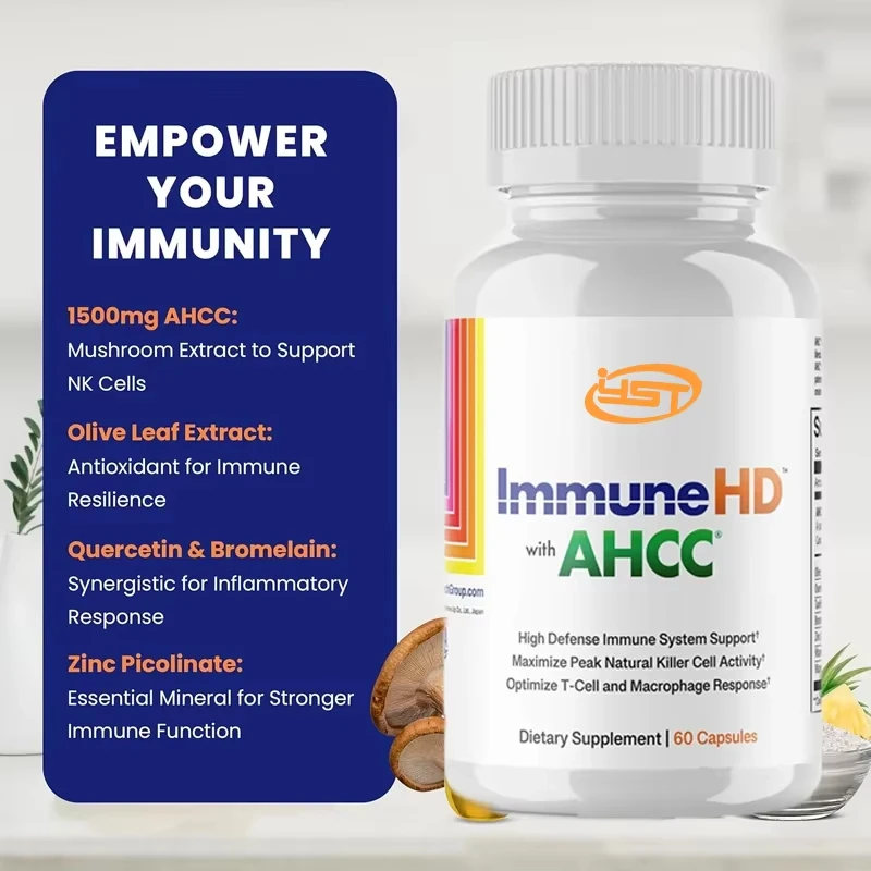 

Immune HD contains AHCC for immune support, 1500 mg AHCC olive leaf extract and 60 capsules of quercetin containing bromelain