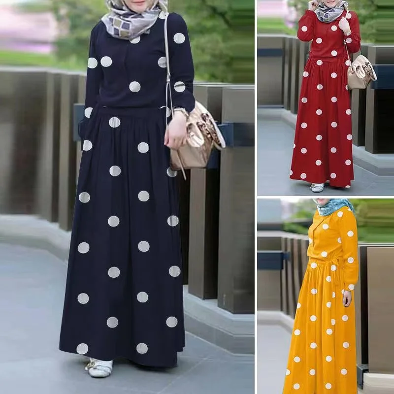 

Retro Dot Print Women's Dress Muslim Dubai Turkish Turban Sun Islamic