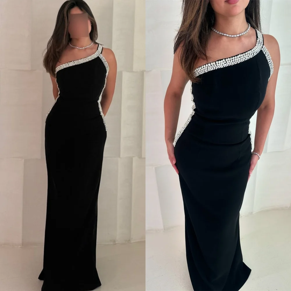 

Customized Modern Black Jersey Evening Dress Temperament One Shoulder Homecoming Dresses Luxury Sweep Train Vestido De Festa