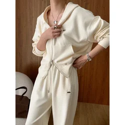 Double zipper lazy casual hooded sweatshirt drawstring wide leg pants suit early autumn new style