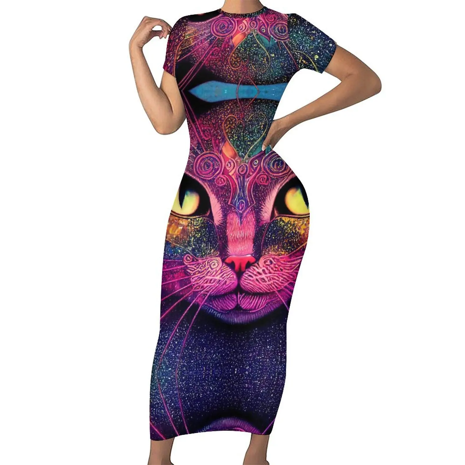 Magic Cats Dress Short Sleeve Animal Print Aesthetic Maxi Dresses Retro Bodycon Dress Female Design Oversize Clothes