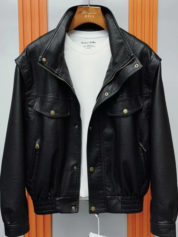 

Мужская куртка из мягкой искусственной кожи с воротником-стойкой, свободного кроя, в стиле байкерской, повседневная, для молодежи, на каждый день, с длинными рукавами и молнией