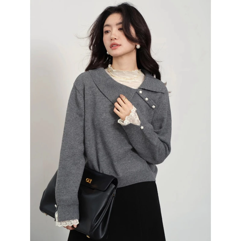 ALXNAN سترات رمادية من الدانتيل المرقعة بياقة مائلة وأزرار فضفاضة تناسب البلوفرات القصيرة بحاشية مرنة ملابس نسائية رومانسية L57319