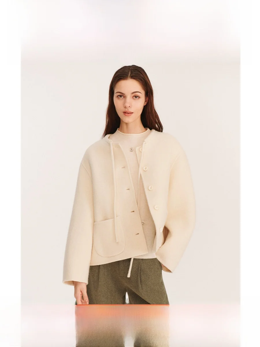 

Original Design Double-sided Woolen Coat with Bowtie for Women Korean Sle Commute round Ne ort Length Loose Fit