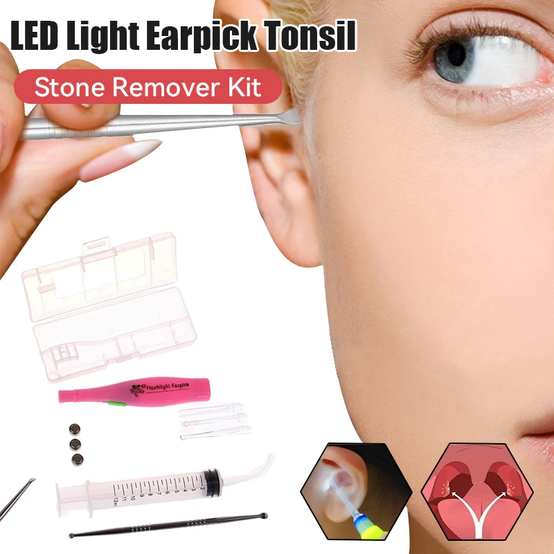 LED Light Earpick Tonsil Stone Remover Tools LED Light Ear Wax Remover Earpick With 3 Tips Irrigator Syringe Clean Care Tool