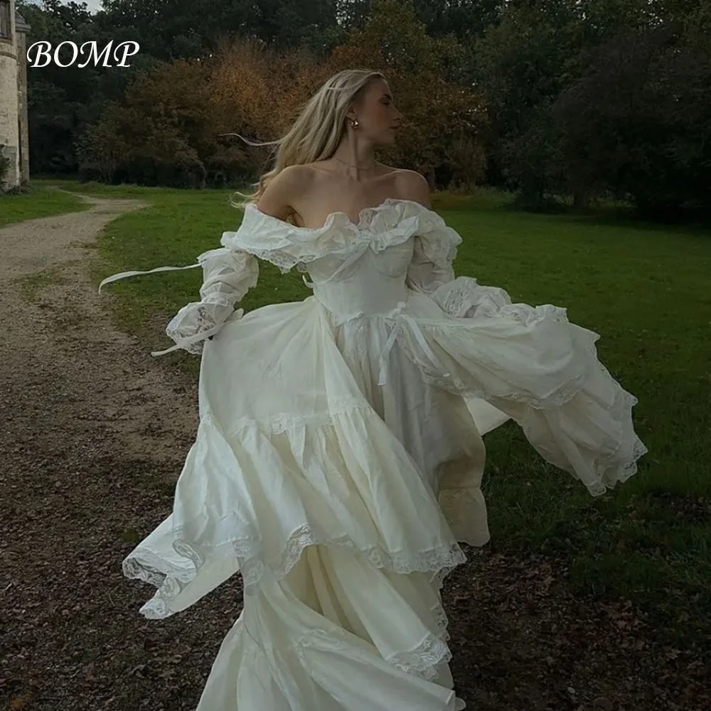 

BOMP Princess Wedding Party Dress Off Shoulder Full Sleeves Draped A-Line Floor Length Satin Eveninbg Gown Customized Pastrol