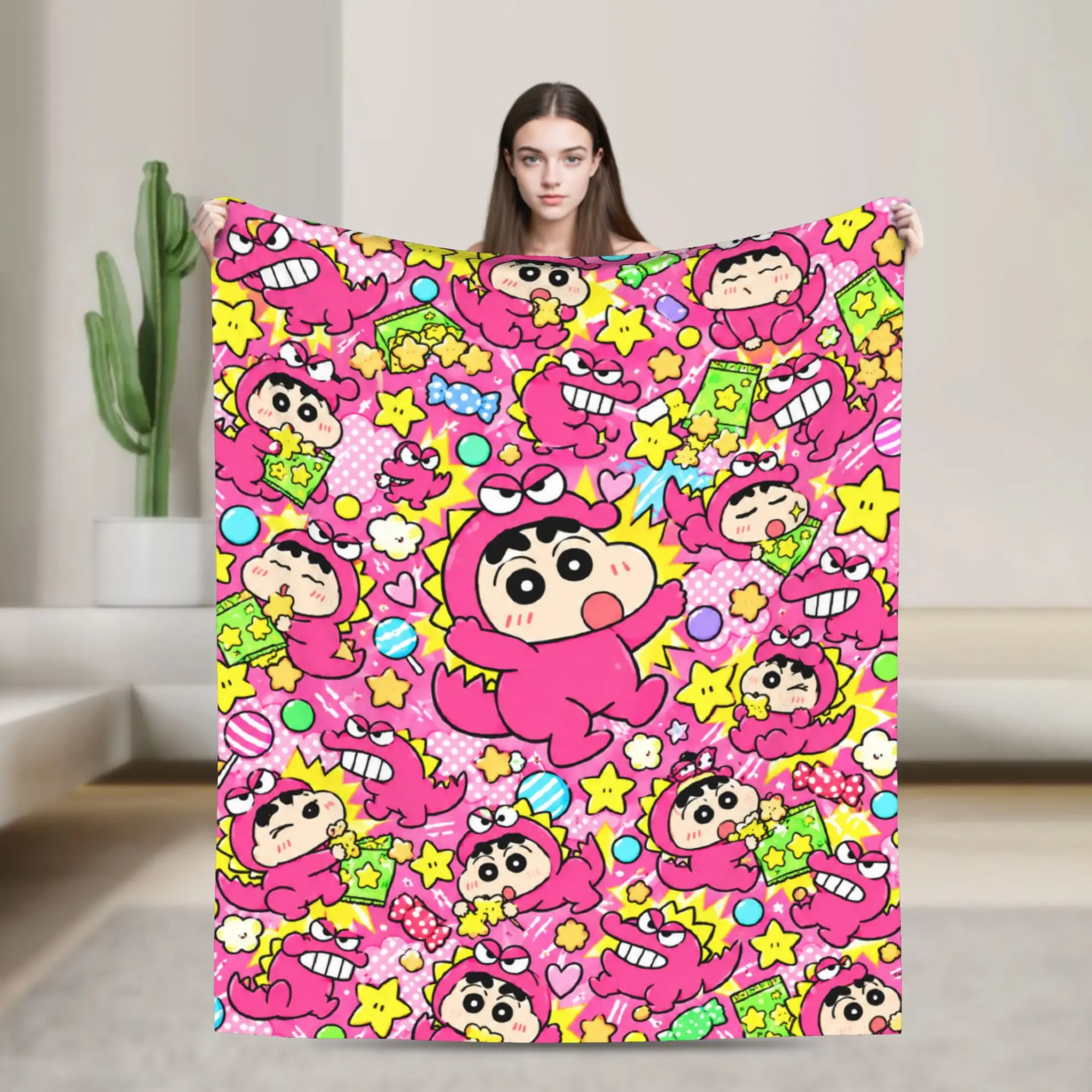 Crayon Shin-chans Pink Dino Blanket Warm Soft Aesthetic Plush Throw Blanket For Girls Boys Couch Bed Flannel Bedspread Bed Cover