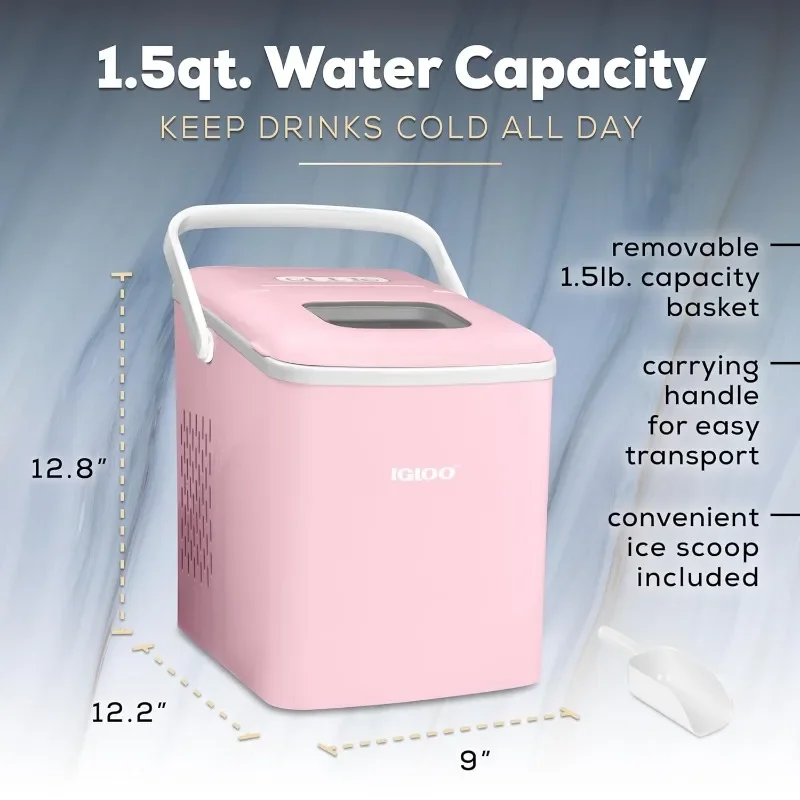 Igloo IGLICEB26HNPK 26-Pound Automatic Self-Cleaning Portable Countertop Ice Maker Machine with Handle, Pink