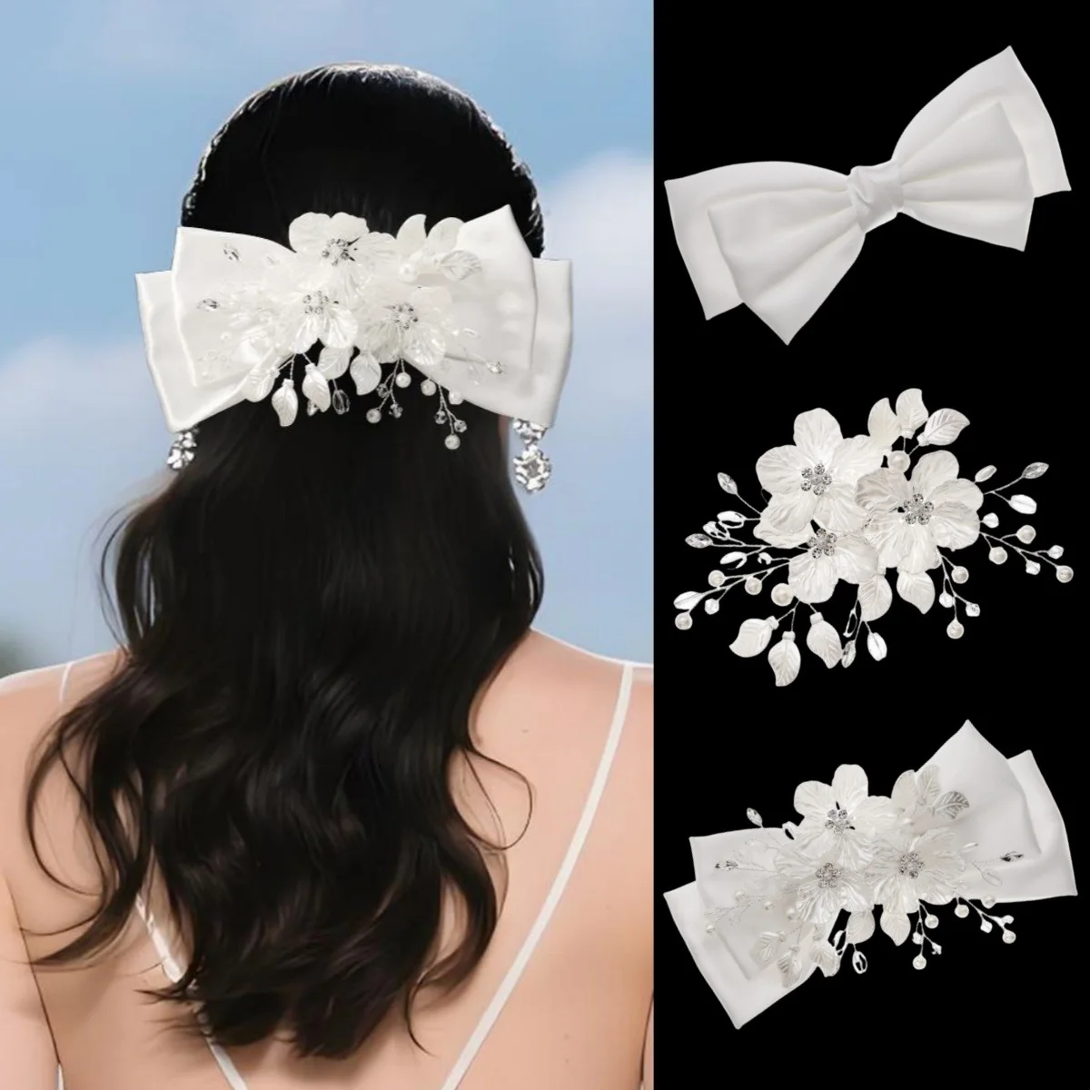 

French Elegant Satin Bow Hair Clip Acrylic Flower Pearl Handmade Bridal Hair Pins Duckbill Clip Hair Accessories