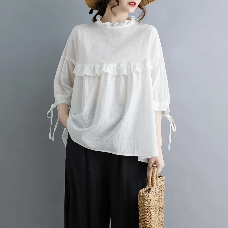 

SuperAen Summer New Tree Fungus Patchwork Fashion Tops Loose and Casual Sweet Solid Linen Thin T Shirt