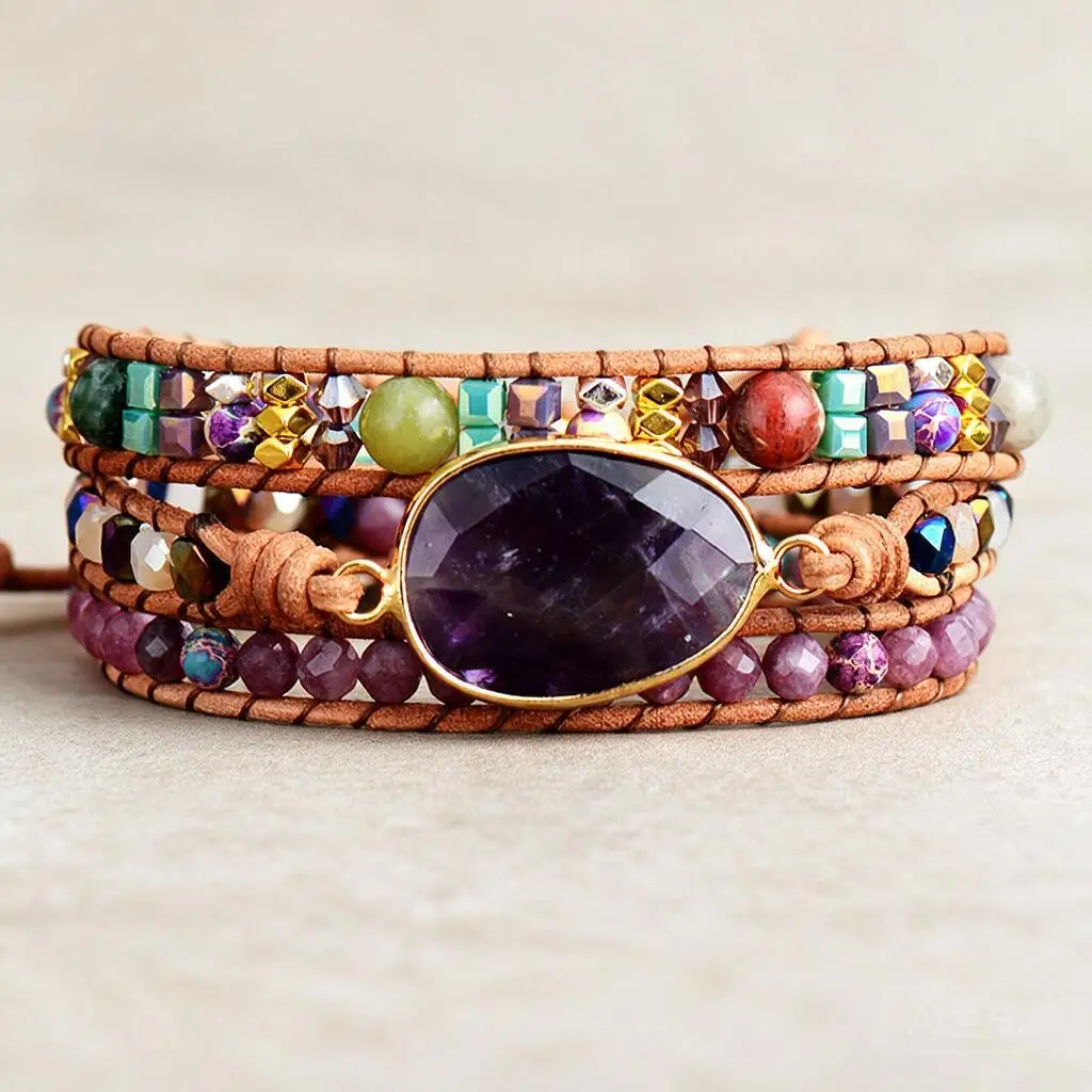 Luxury Handwoven Leather Wrap Bracelet Large Faceted Amethyst Mixed Natural Gemstone Healing Good Luck Friendship Unisex Gifts