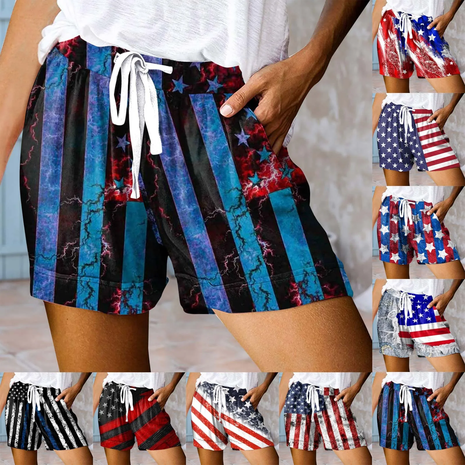 

USA UK National Flag Graphic Womens Shorts 3D Printed Casual Drawstring Shorts Summer Elastic Waist Shorts Pocketed Pants