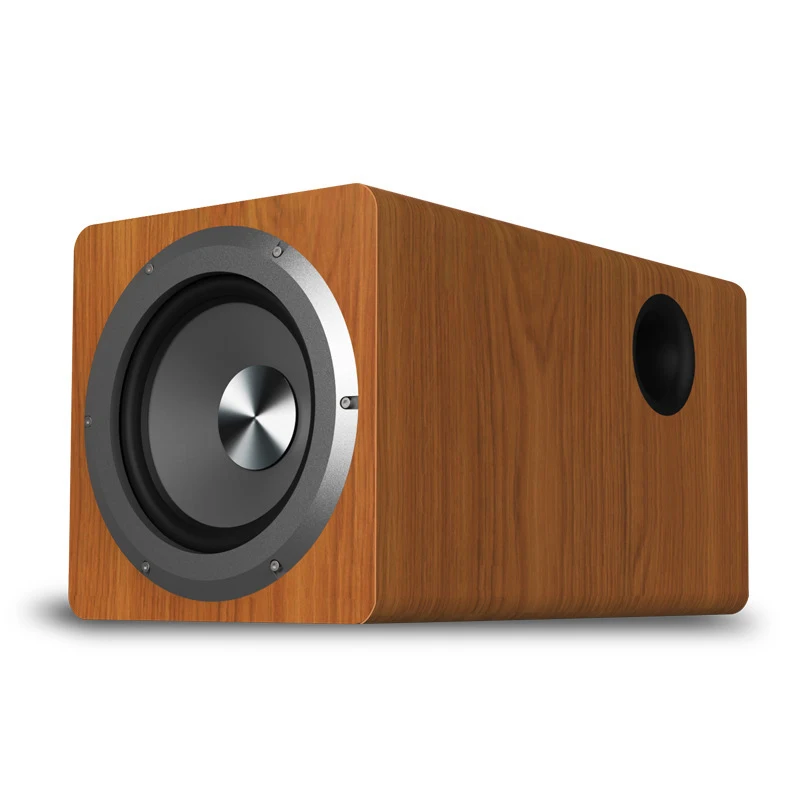 Wooden Powered Subwoofer Speaker 6.5 Inch 100W Active Home Audio Subwoofer for Studio And Home Theater, Oak, Black