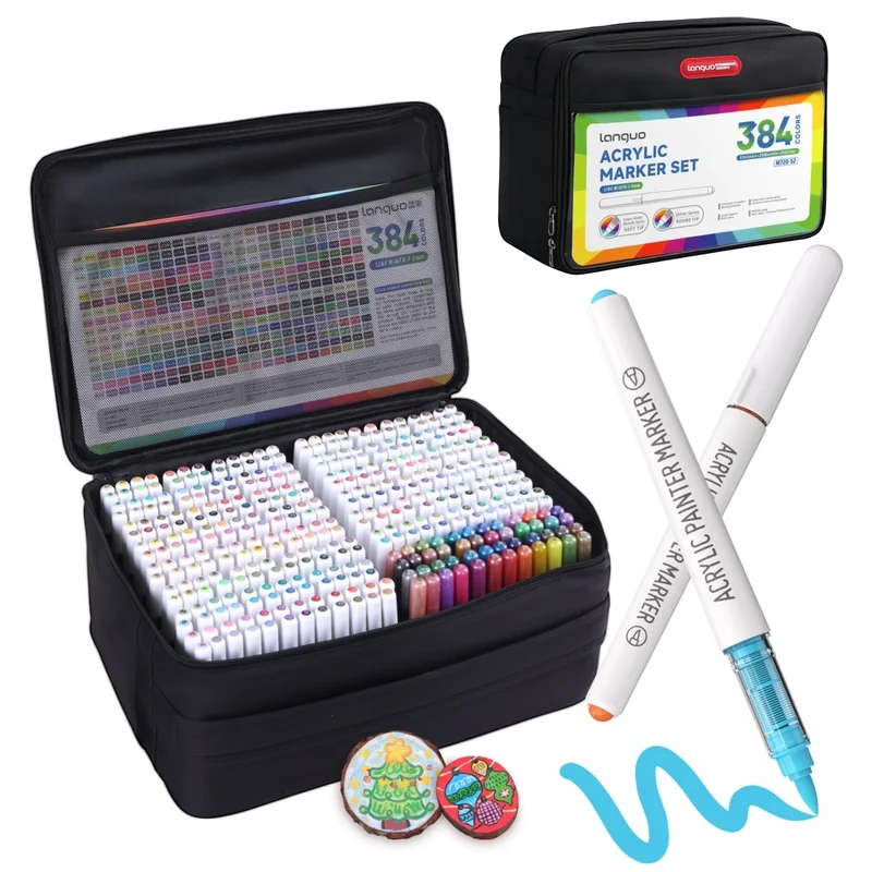 384 Colors Acrylic Paint Markers, Soft Brush Tip Acrylic Paint Pens Set with Carrying Case, Vibrant Multi Surface Markers