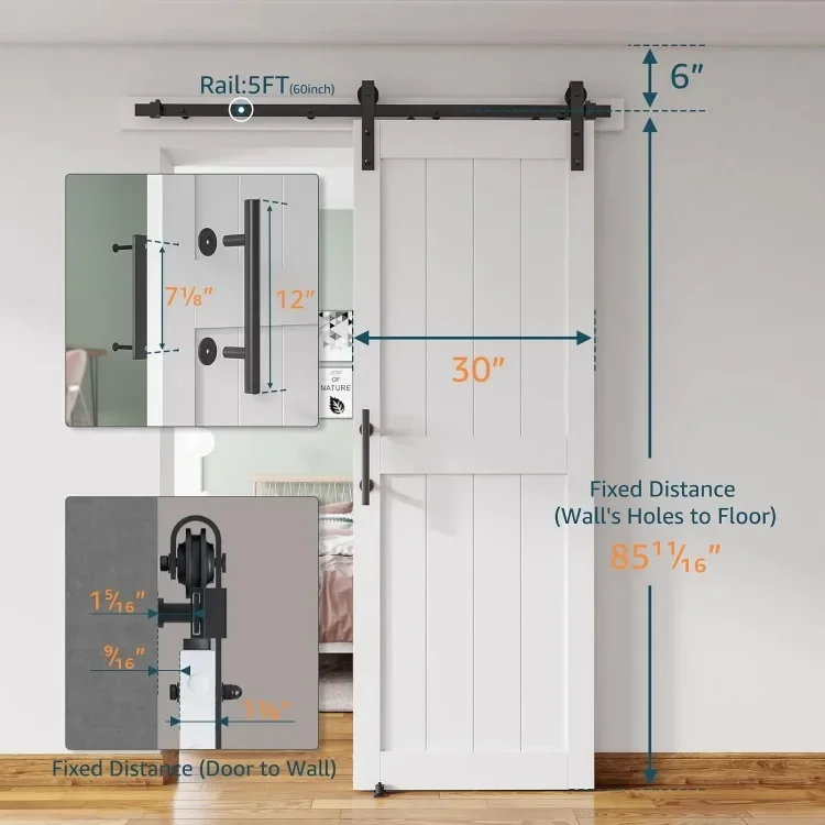 home.home.30''x84'' Sliding Barn Door with 5 Ft Barn Door Hardware Kit& Handle& Floor Guides,Pre-Drilled Holes Easy Assembly