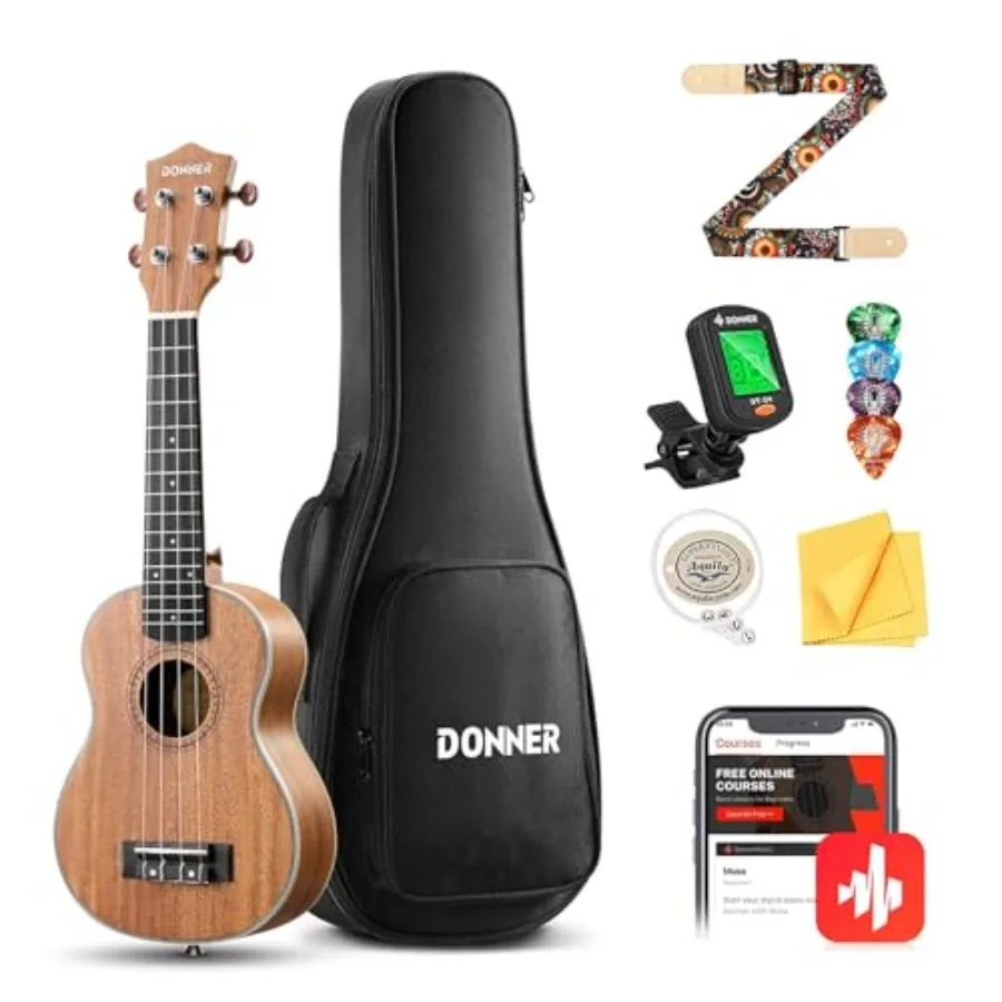 

Soprano Ukulele for beginners, mahogany wood, natural brown, includes gig bag, strap, tuner, picks, nylon strings, and free onl