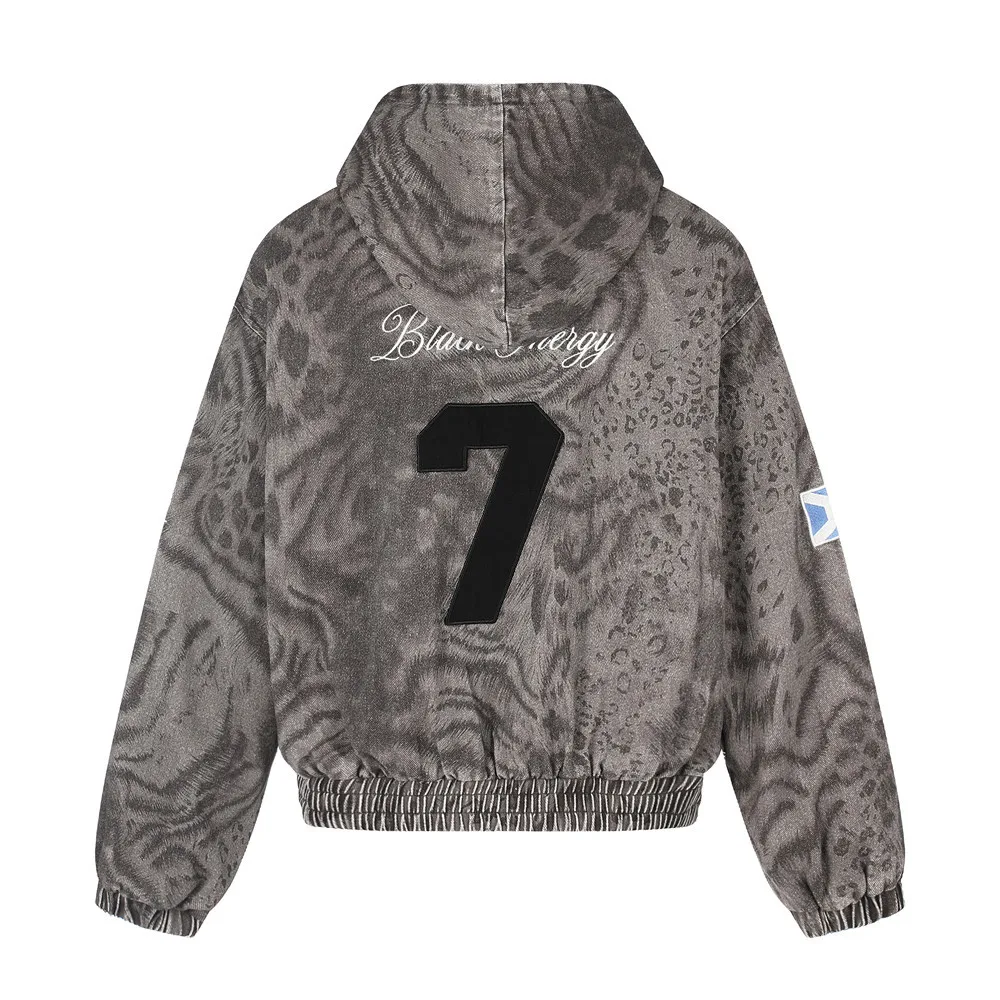MWJLPWQ Tie-Dye Leopard Print Hooded Denim Jacket For Men Trendy Punk Retro Washed Distressed Niche Loose-Fit Tops Autumn 17045