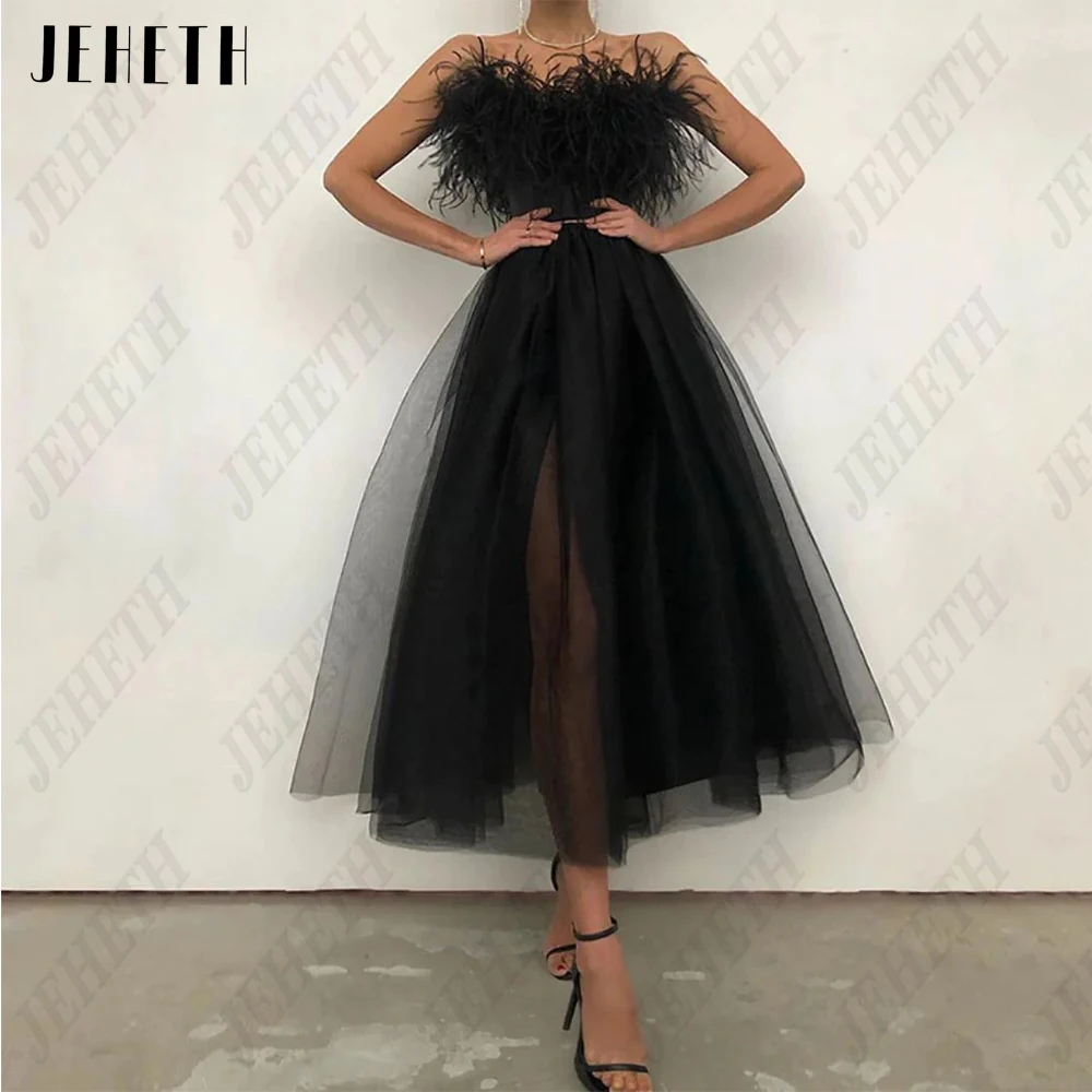 JEHETH Modern Black Prom Dresses Strapless Sleeveless Elegant Evening Dresses For Women Luxury Tulle Feature A-Line Party Gowns