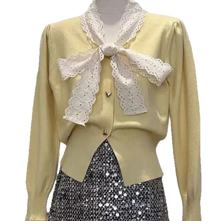 Frauen Stricken Jumper Feste Beiläufige O Neck Bogen Spitze Strickjacke Pullover Einreiher Dicken Pullover Dame Süße Herbst Winter