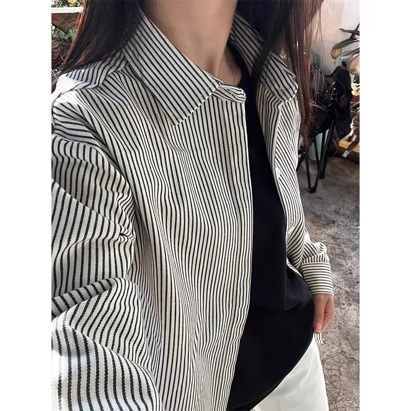 

Autumn Winter Large Size Men's Long Sve Striped irt Couple's Set Korean Sle Chic Loose Fit Polyester Fiber ex
