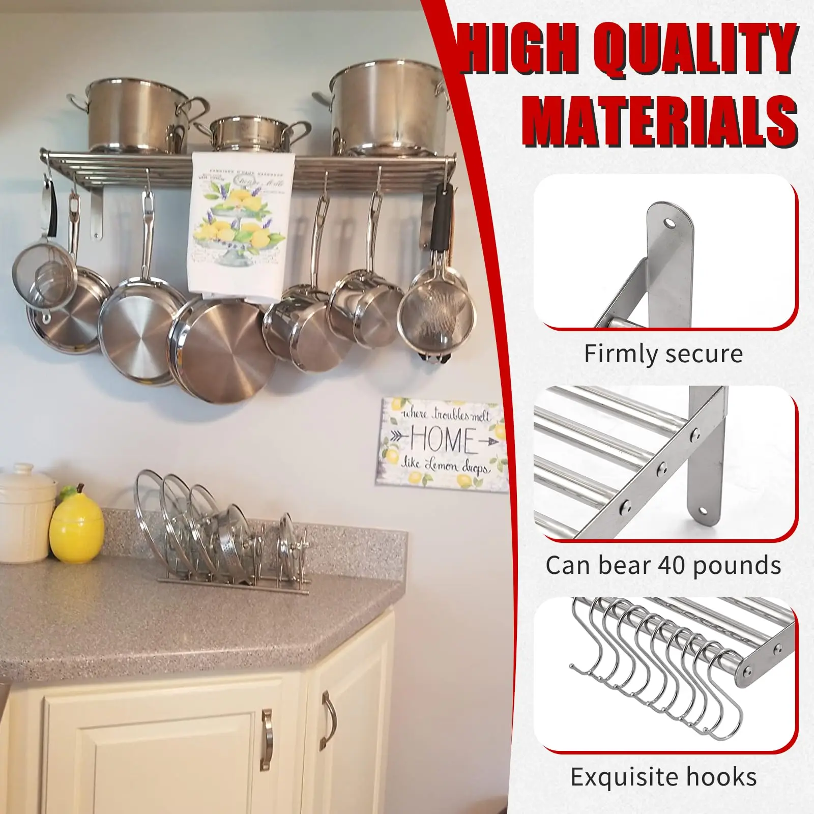 Kitchen Organization and Storage Rack Stainless Steel Metal Wall Shelf with 10 S Hooks for Hanging Pots and Pans