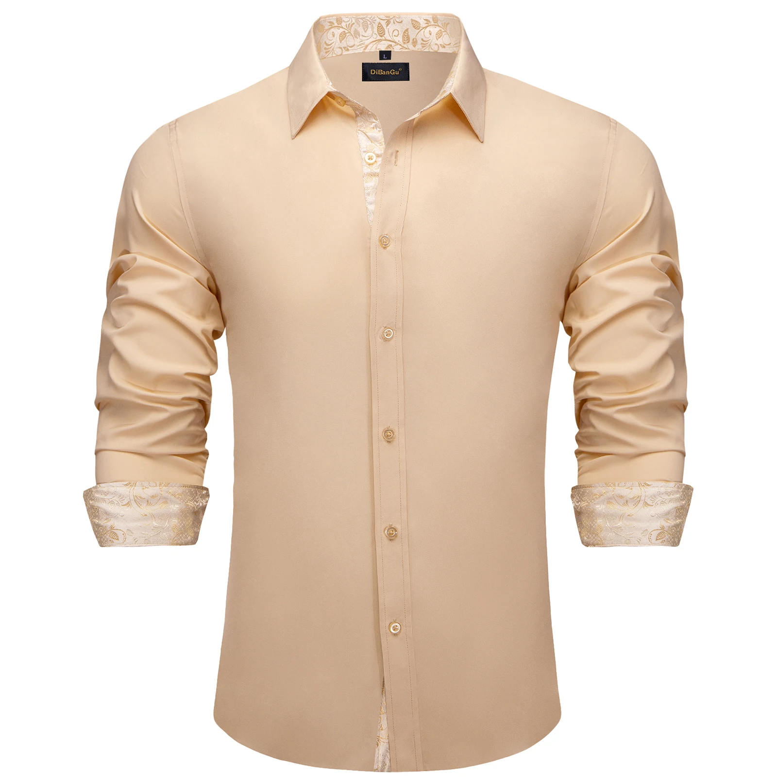 Beige Men\'s Solid Shirts Long Sleeve Fashion Casual Social Dress Shirt for Wedding Party Men Clothing