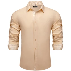 Beige Men's Solid Shirts Long Sleeve Fashion Casual Social Dress Shirt for Wedding Party Men Clothing