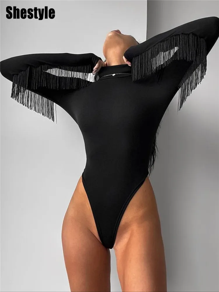 Shestyle الأسود شرابة أزياء داخلية النساء الياقة المدورة عالية الخصر زر ثونغ ضيق مثير جرلي نمط قمم طويلة الأكمام عموما #1