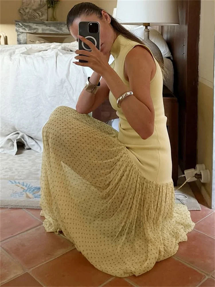Tossy Mesh Patchwork Fashion Long Dress For Women Sleeveless High Waist Elegant Commute Party Dress Female Slim Maxi Dress 2025