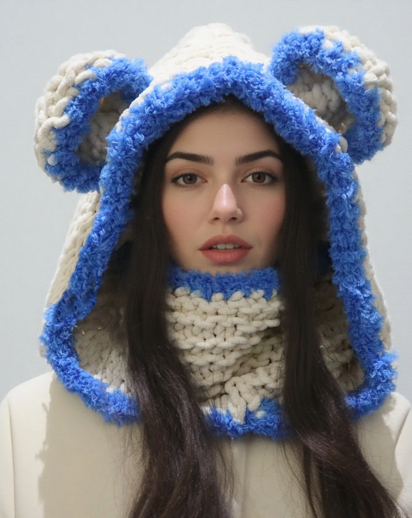 Winter 2-in-1 Fluffy Bear-Ear Knit Hooded Scarf, Women Contrast Plush Thermal Balaclava Hat Winter Warm Headwear For Daily