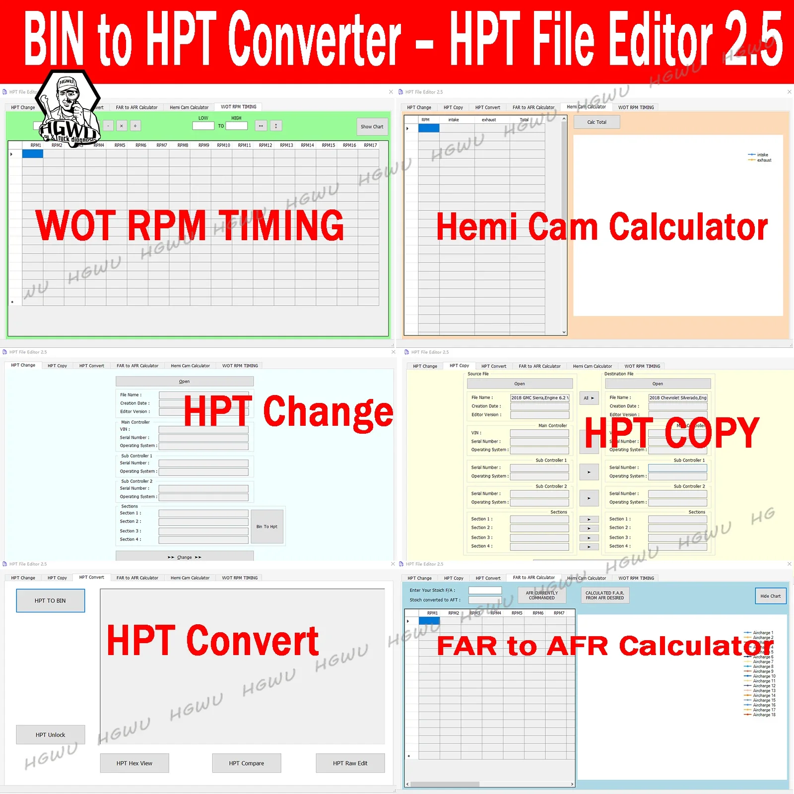 BIN to HPT Converter HPT File Editor 2.5 HPT change COPY  Convert FAR to AFR Calculator Hemi Cam Calculator WOT RPM TIMING