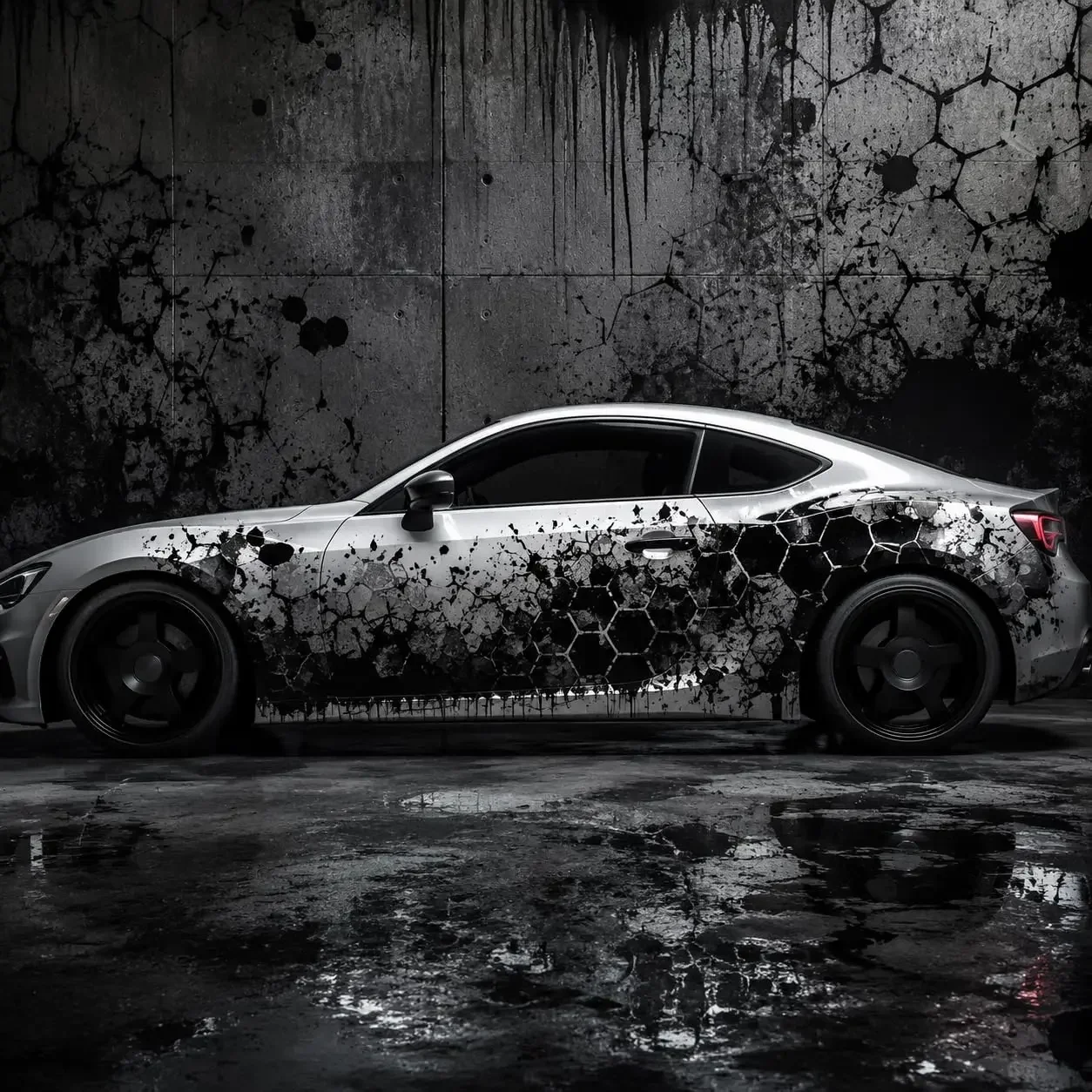 Grunge Hexagon Car Side Vinyl Wrap Decal, Black & White