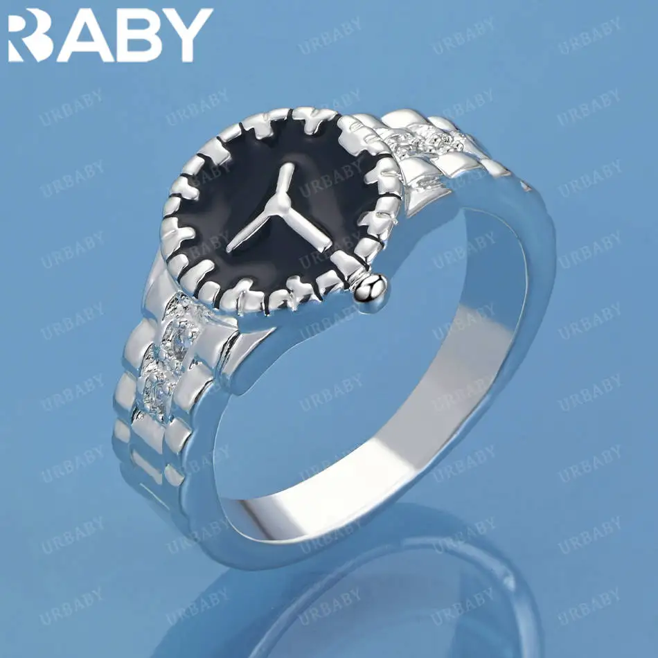 

URBABY 925 Sterling Silver Size7-10 Black Watch Ring For Women Men Fashion Jewelry Vintage Grace Charm Noble Party Birthday Gift