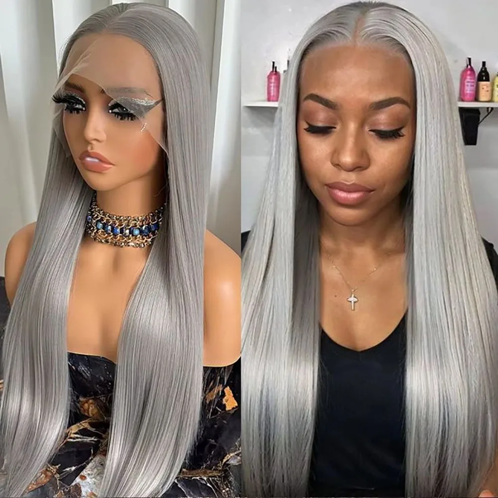 

Gray Bone Straight Hair Wig 100% Brazilian Human Hair Wig 13x4 HD Transparent Lace Frontal Wig Pre Plucked 180 Density For Women