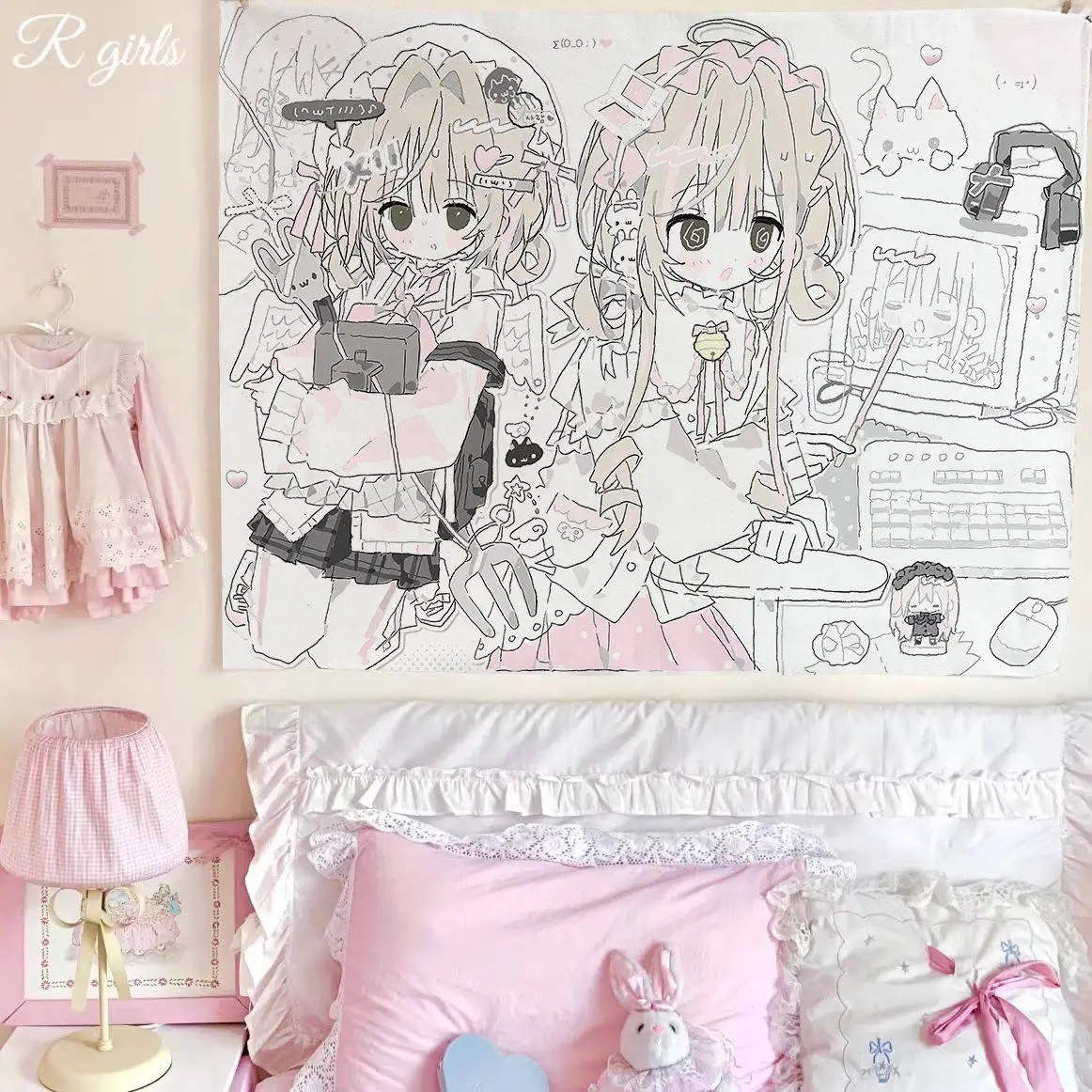 Kawaii Wohnkultur Wandbehang Tapisserie Anime Rosa Mädchen Tapisserie Wand Schlafzimmer Hintergrund Dekor Nette Mode Dame Wandteppiche