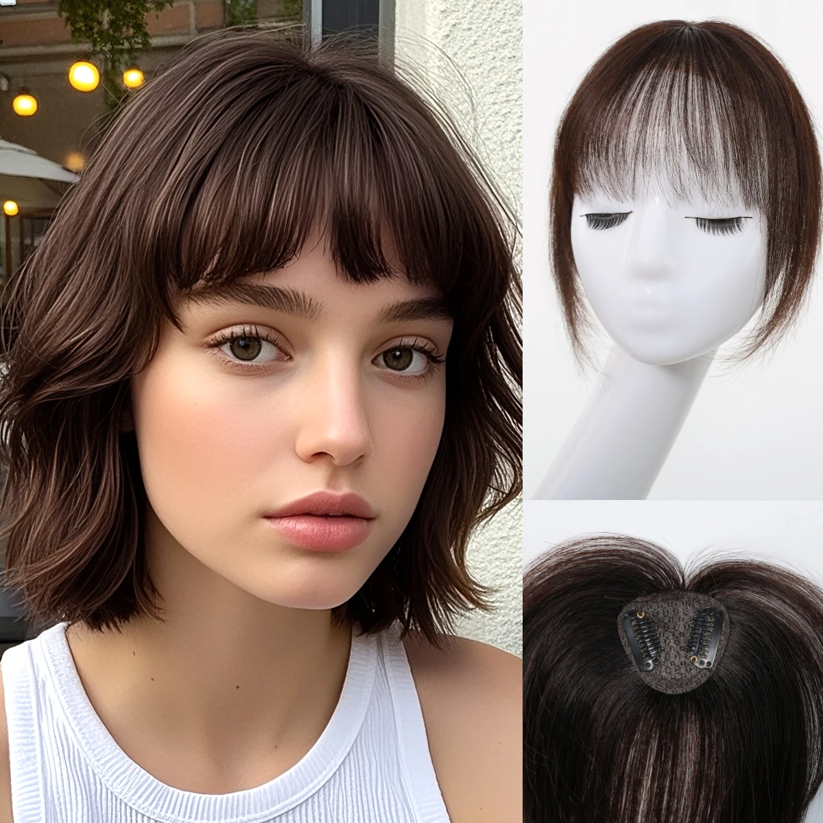 

Black Brown 10 Inch Straight Fringe Air Bangs Silk Base Human Hair Topper 100% Remy Human Hair Clip In Hairpiece for Women Hair