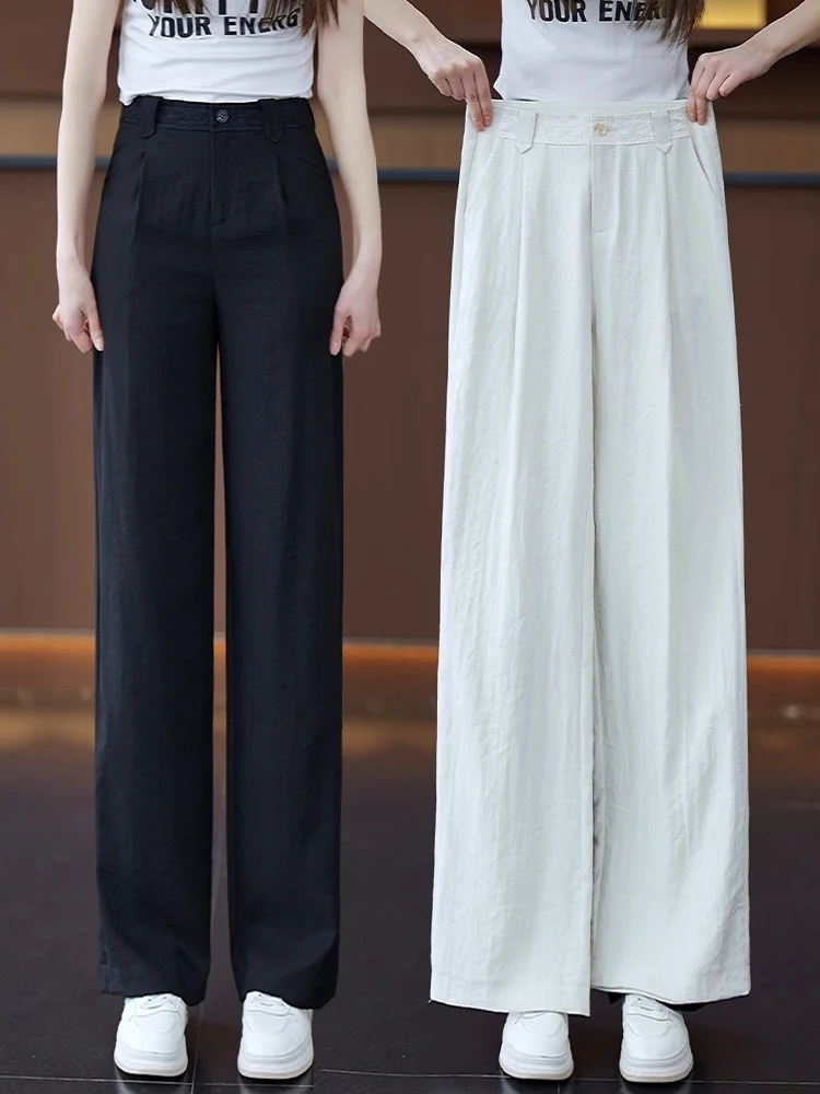 

Casual Ice Silk Linen Straight Leg Pants Women Summer Thin High Waist Drape Slimming Narrow Version Wide Leg Trousers