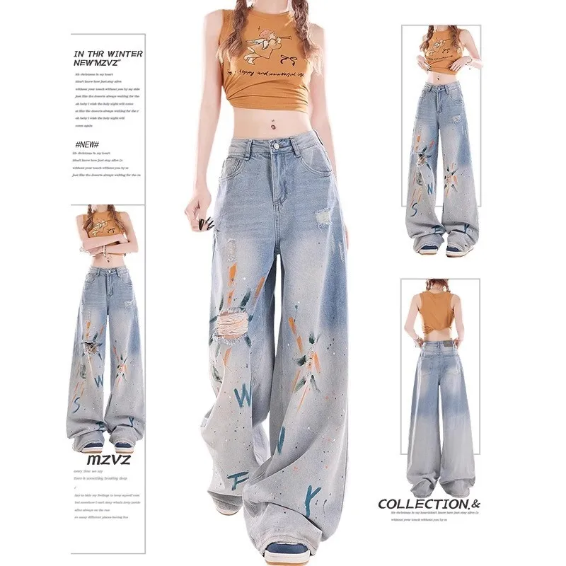 

American vintage blue graffiti ripped jeans for women 2025 summer high-waisted loose straight-leg wide-leg trousers streetwear
