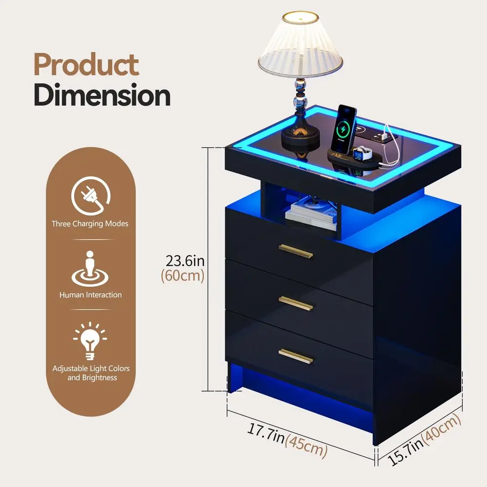 Night Stand with Wireless Charging Station,Smart Bedside Table with 3 Drawers,Modern Glass Top End Side Table with 3 Color Dimm