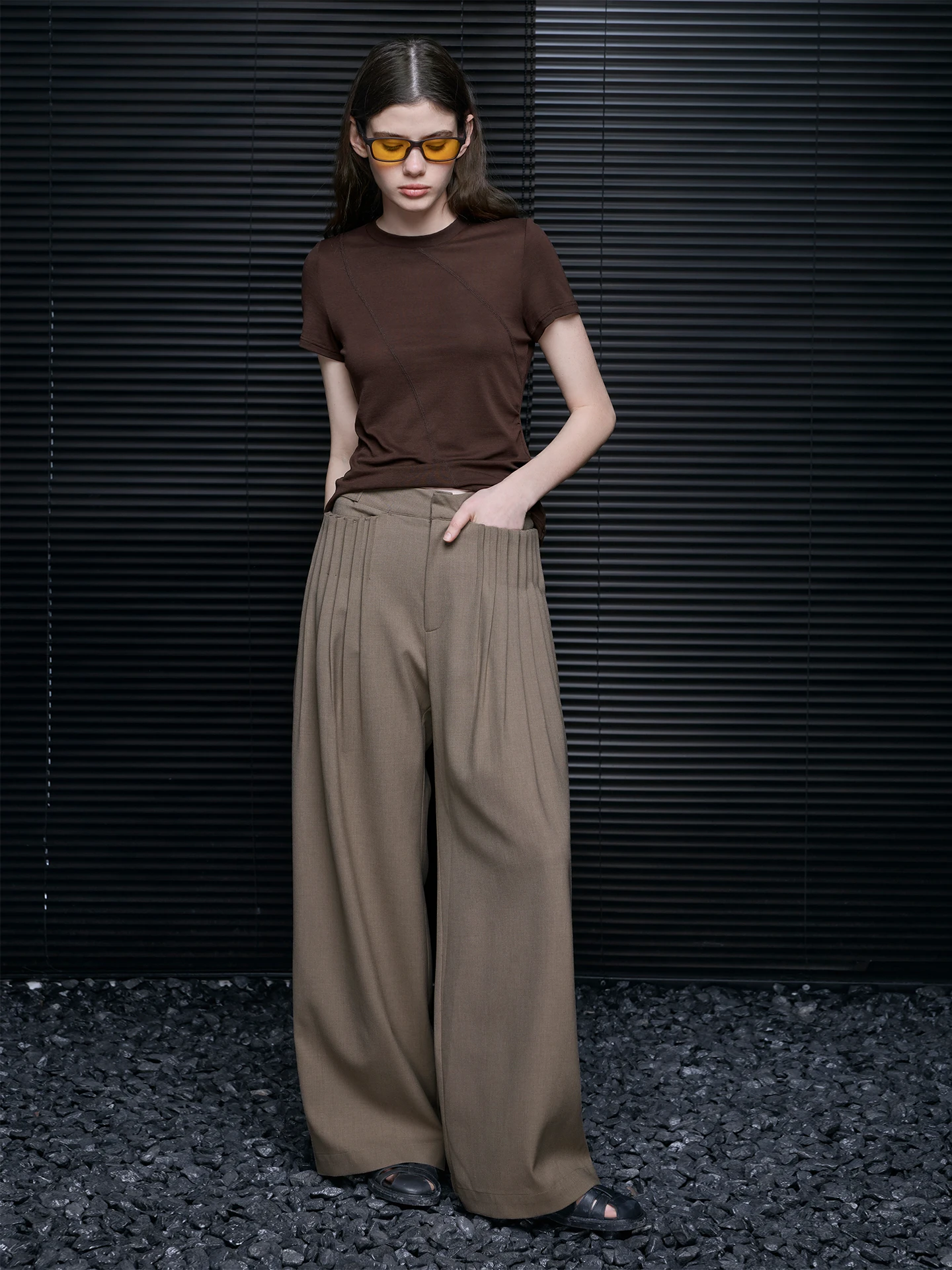 

Ce Brown Wide Leg Pants Casual Straight Cut Women's Faionable Spring New Arrival Loose Fit Ele Polyester Blend