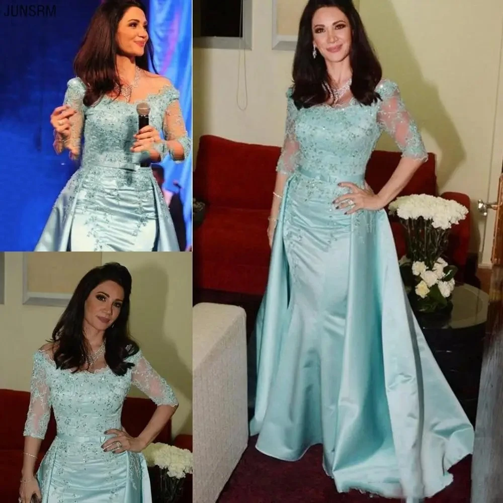 Mint Green Mermaid Evening Gown Off Shoulder Half Sheer Sleeve Appliques Satin Detachable Train Formal Wedding Party Prom Dress
