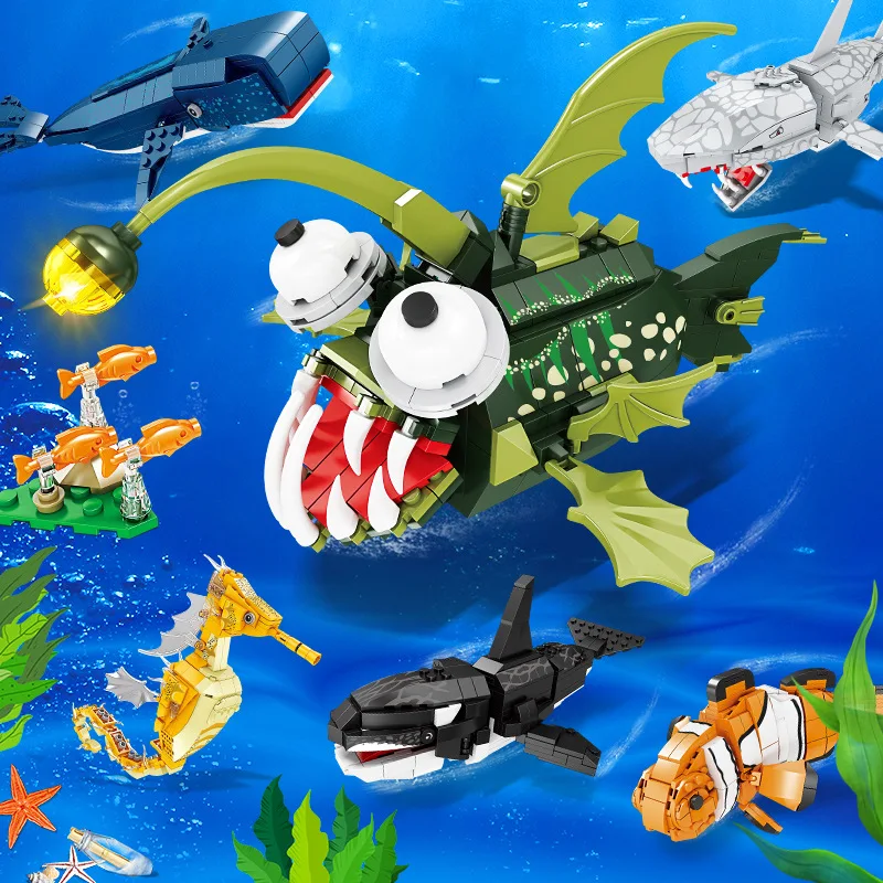 

Ocean Animal Fun Model Seahorse Shark Clown Fish Office Desk Decorations Building Blocks Bricks Toys Gifts