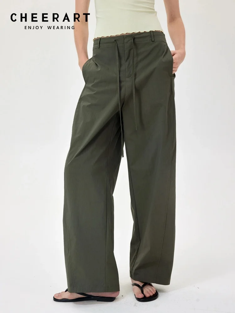 CHEERART Curved-Leg Barrel Women'S Pants And Trousers Mid-Rise Lace Up Green Pants Casual Fashion Bottoms Summer Spring Clothes
